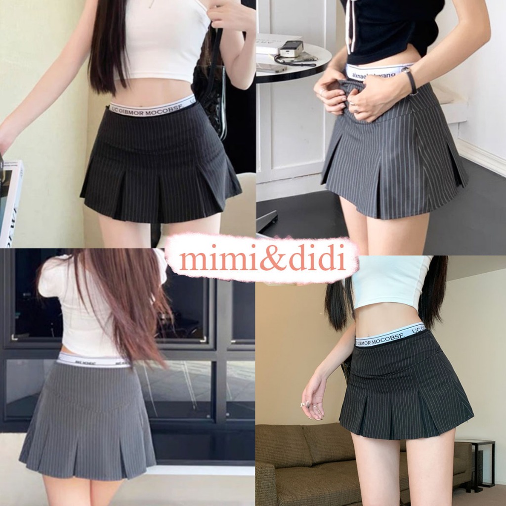 mimi&didi กระโปรงสองชั้น กระโปรงกางเกงเทนนิส เอวสูง ลายทางเอวยืด Y2K แฟชั่นสไตล์เกาหลี ผ้าอย่างดี มีซับใน ใส่สบาย#8804