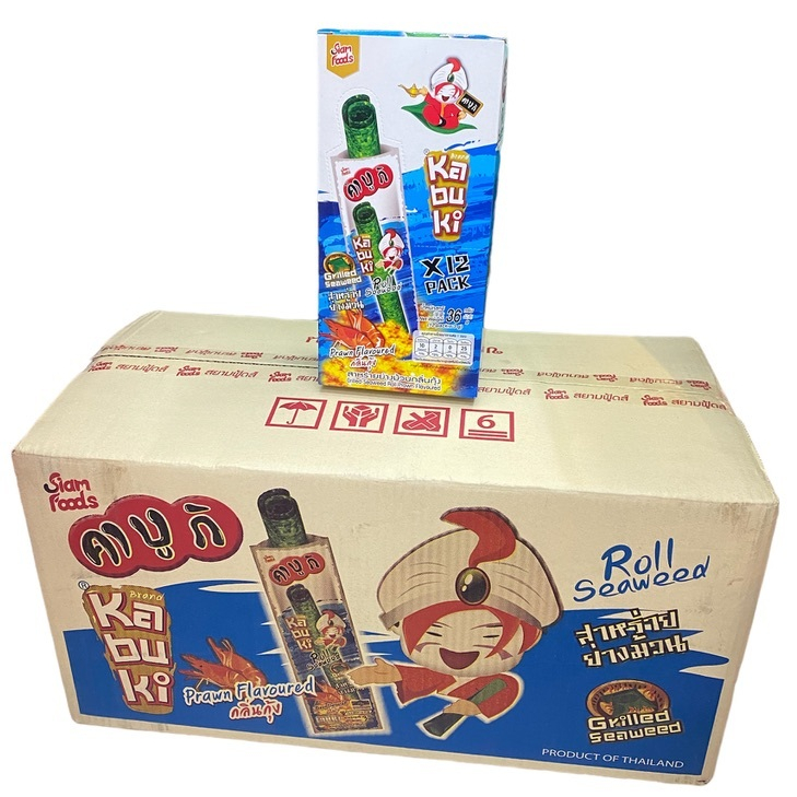 คาบูกิ สาหร่ายย่างม้วน Kabuki Roll Seaweed Prawn Flavored กลิ่นกุ้ง 1ลัง/บรรจุ 12 กล่อง,จำนวน 144ชิ้