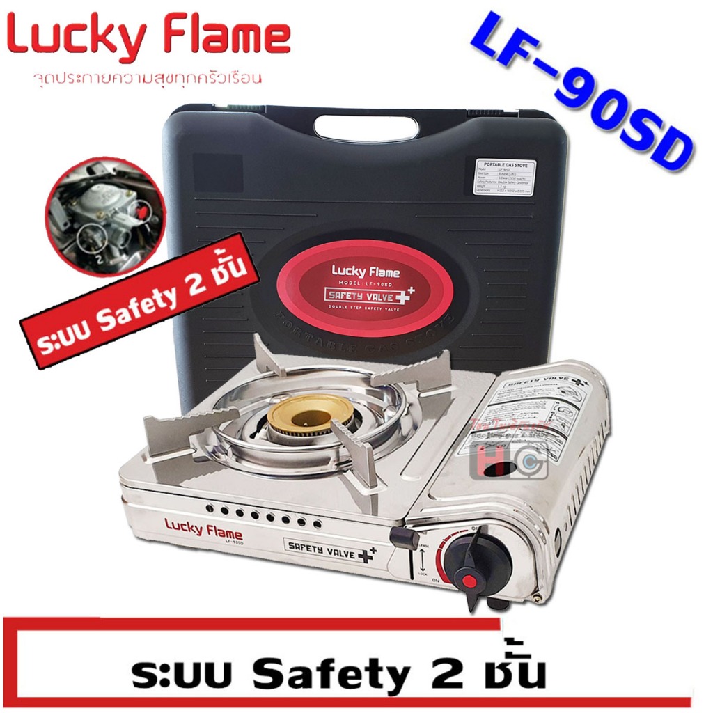 Lucky Flame เตาแก๊สกระป๋อง ปิคนิค แบบพกพา รุ่น LF-90SD มีระบบSafety2ชั้น บอดีสแตนเลส หัวเตาทองเหลือง