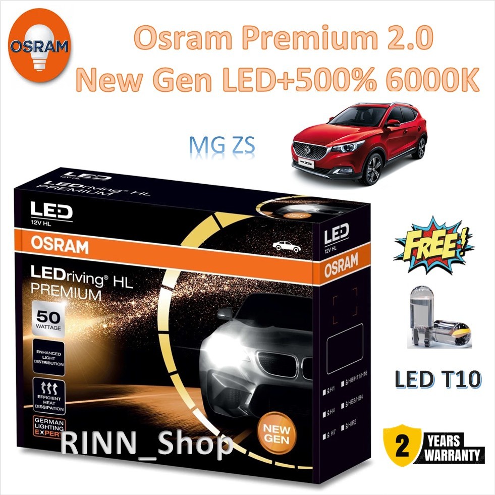 Osram หลอดไฟหน้า รถยนต์ Premium 2.0 New Gen LED+500% 50W 10000lm 6000K MG ZS แถมฟรี LED T10