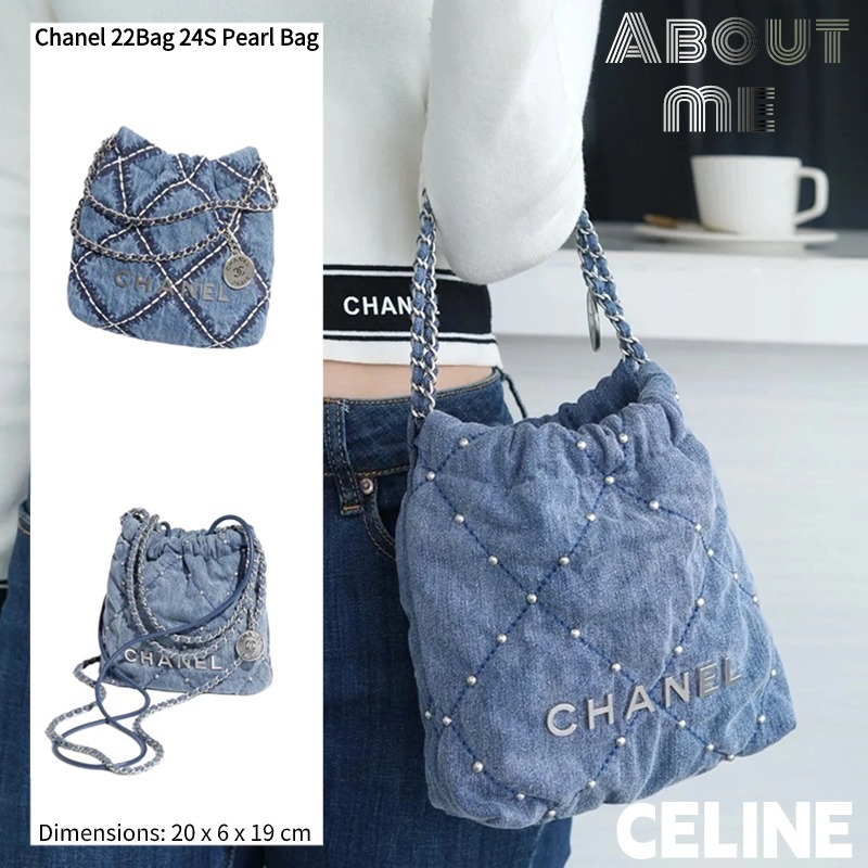 ชาแนล 💯Chanel 22Bag 24S Pearl Bag💯 กระเป๋าสะพายข้าง Mini Denim Blue