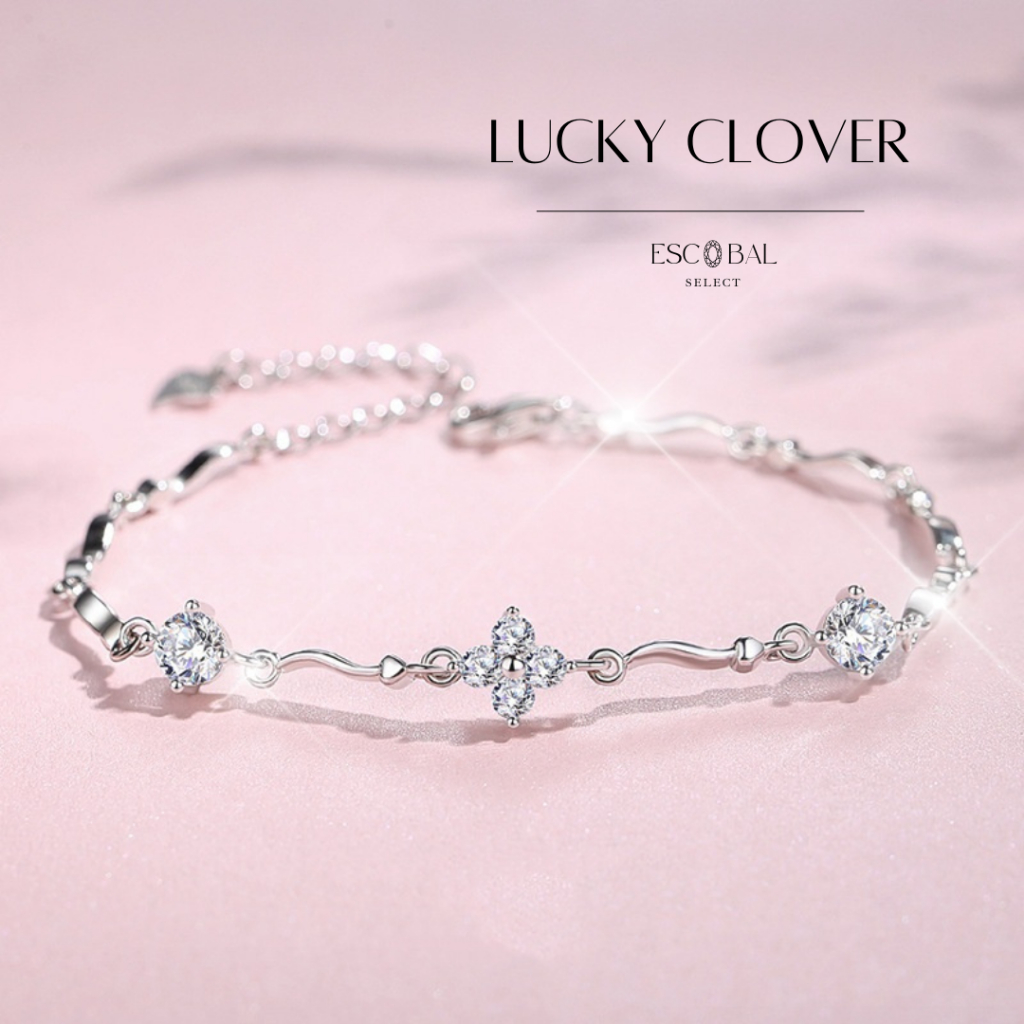 ESCOBAL พร้อมส่ง สร้อยข้อมือเงินแท้ Lucky Clover กำไลเพชร Moissanite กําไลข้อมือผู้หญิง วาเลนไทน์