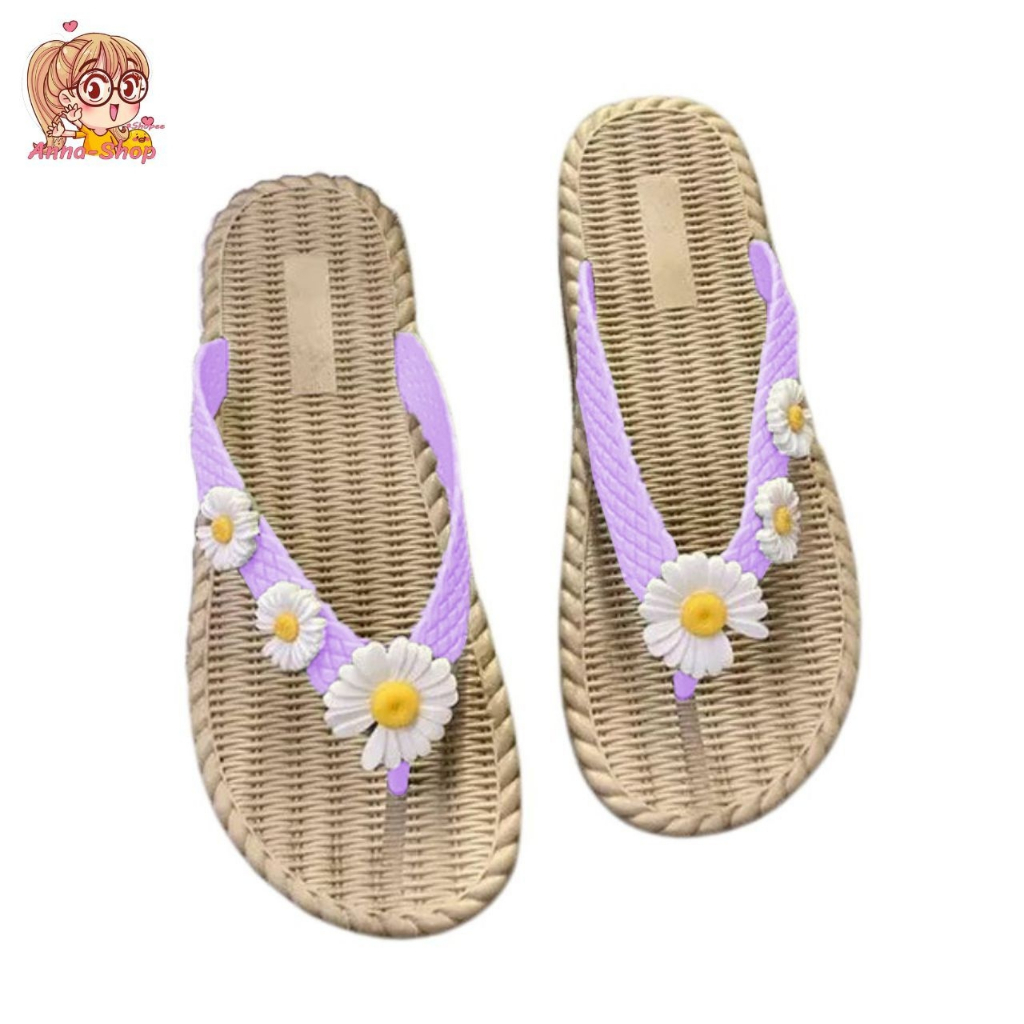 รองเท้าแตะหูหนีบ 🌼รองเท้าแฟชั่น พื้นสาน แต่งดอกไม้ สีสันสดใส พื้นนิ่มใส่สบาย ไม่ลื่น  T57