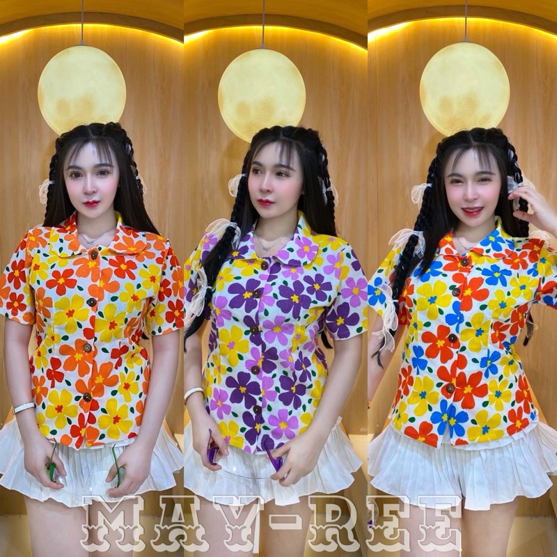 เสื้อคอบัวพิมพ์ลายดอกไม้(ผ้าฝ้าย)