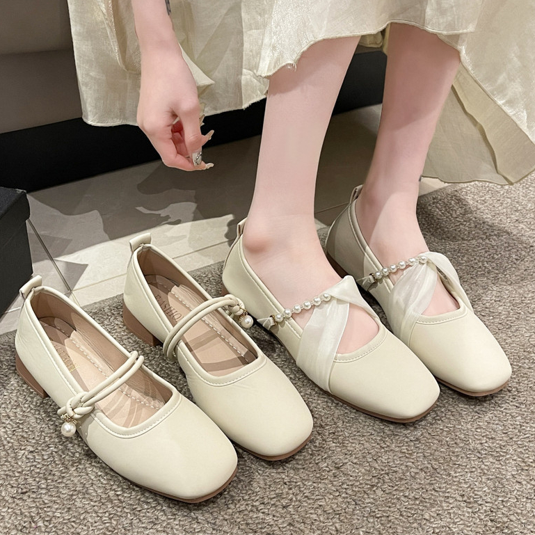 รองเท้าสตรีแมรี่เจนมีสไตล์ รองเท้าส้นแบนตื้นสไตล์เกาหลี ตกแต่งมุก สวมใส่สบาย สไตล์ฝรั่งเศสย้อนยุค