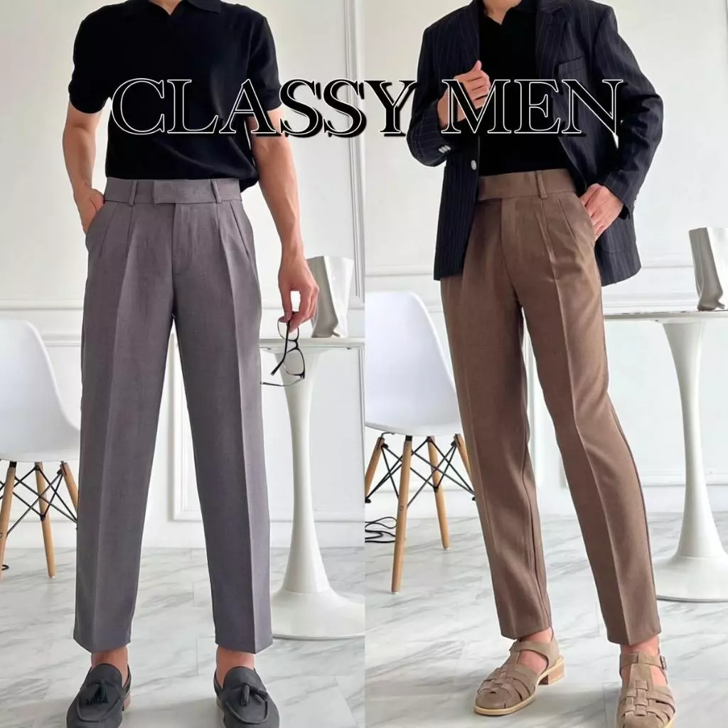 GUSSIC - Classy Men กางเกงลุคทำงานสไตล์ยุโรป ปลายตะขอยื่น ทรงขากระบอกเล็ก รุ่นขายดีทรงสวย ผ้าสโนว
