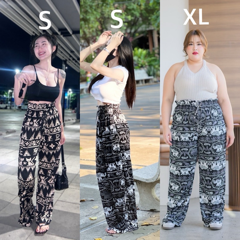 No89 กางเกงลายแมว ลายช้าง ขากระบอก เอวระบาย ไม่รัดต้นขา มีไซส์S, XL สาวอวบ