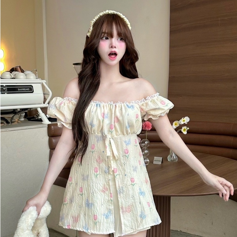 Nusa.Style เสื้อมินิเดรสแขนตุ๊กตา ผ่าหน้า แต่งโบว์ พิมพ์ลายน่ารัก