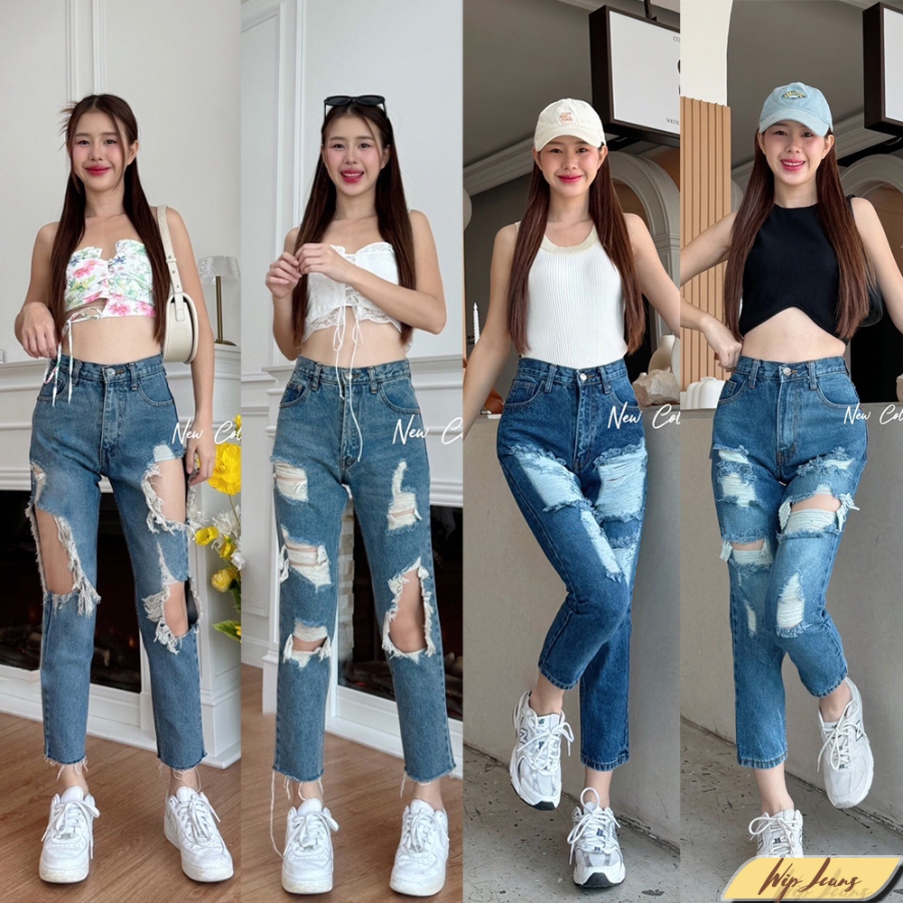 📌กางเกงยีนส์ทรงบอยแต่งขาดผ้าไม่ยืดทรงสวยมีไซส์ใหญ่ 5XL กางเกงยีนส์แต่งขาด