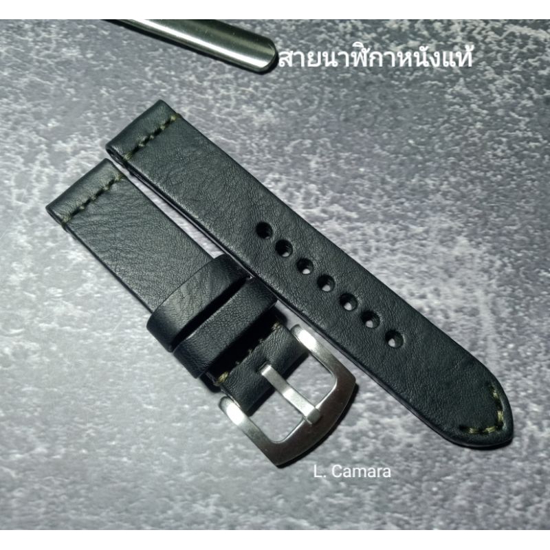 สายนาฬิกาหนังแท้ ฟอกฝาดอิตาลี สีดำ ด้ายสีเขียวมะกอก 20,22,24 mm. Watch Straps (ร้านไทย)