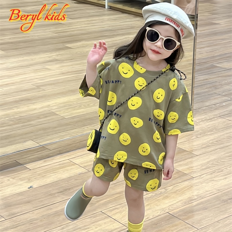 Beryl kids ชุดเด็กแฟชั่น เสื้อแขนสั้น+กางเกงขาสั้น สไตล์เกาหลี พิมพ์ลายหน้ายิ้ม น่ารักๆ ใส่สบาย ฤดูร้อน