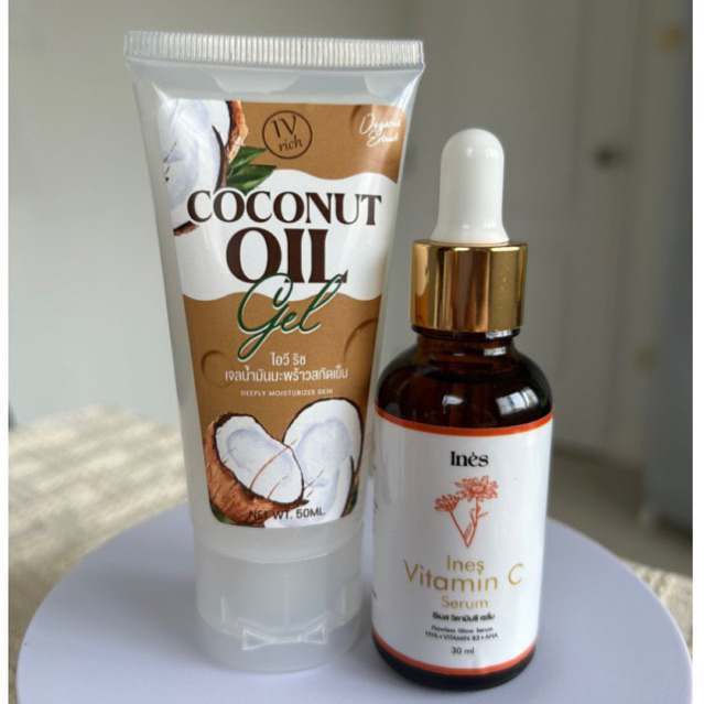 เจลมะพร้าวสกัดเย็น แถมฟรี เซรั่มวิตามินซี Vitamin C แบรนด์อีเนส สิว ฝ้า กระ จุดด่างดำ จางลง เซ็ตกู้ผิวหน้า