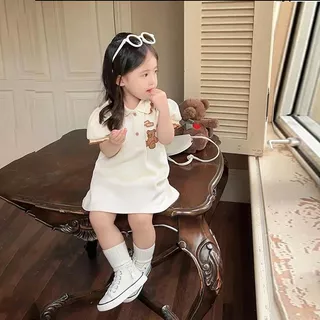 Babyonline(Y443)F3 (ส่งด่วน1วัน)ชุดเดรสผ้าโปโลแขนพองลายหมีกระดุมหน้า