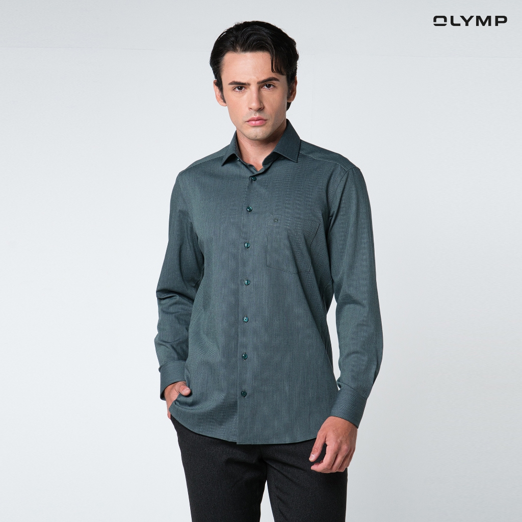 OLYMP 24/Seven LUXOR Shirt เสื้อเชิ้ตปรับอุณหภูมิ สีเขียวเข้ม ผ้าเท็กเจอร์แต่งปก ทรงหลวม ยืดหยุ่นได้ดี