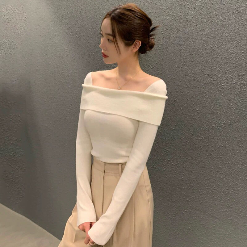 Lady_Sakura 5170/BC#เสื้อยืดแขนยาว เปิดไหล่แฟชั่นฤดูใบไม้ร่วง#เนื้อผ้าเรย่อนทรงเข้ารูปสไตล์เกาหลี