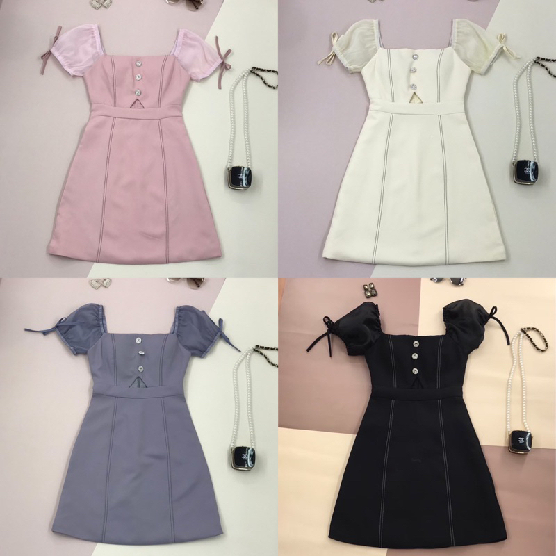 [LISA] A0116 ชุดเดรสแขนตุ๊กตาเว้าอกแต่งกระดุมหน้า