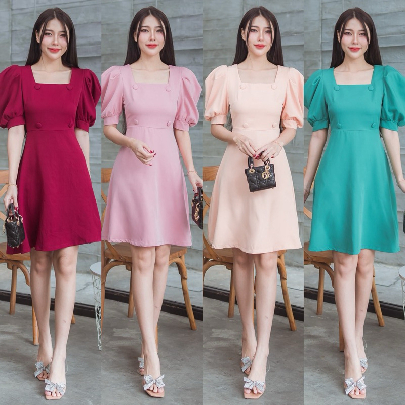 [ลด 20% กรอกโค้ด INC694OD] 125 เดรสคอเหลี่ยมแขนจับจีบไหล่ยก ตกแต่งกระดุมปั้มช่วงตัว สวมใส่ง่ายมีซิปซ่อนยาวด้านหลัง