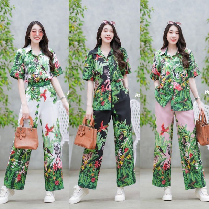 set 2 ชิ้น เสื้อเชิ้ตฮาวายแขนสั้น ลายซาฟารี ติดกระดุมด้านหน้า + กางเกงขายาวเอวยางยืดด้านหลัง มีกระเป๋าล้วงข้าง