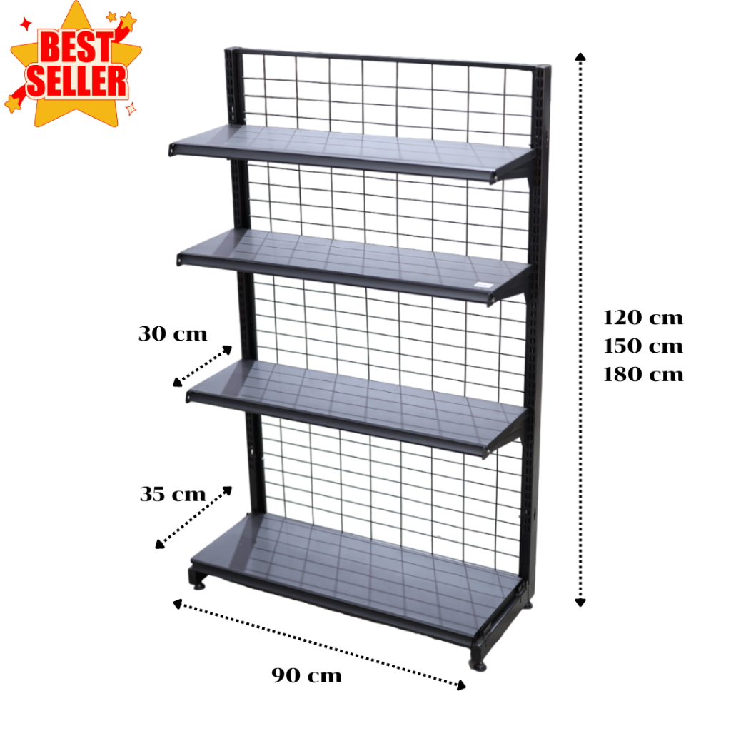 [ส่งฟรี] NEWชั้นวางสินค้า ชั้นวางมินิมาร์ท 1 หน้า 4 ชั้นรวมฐาน ขนาดกว้าง 90 cm รับน้ำหนัก 40kg/แผ่น รหัส SPB0147
