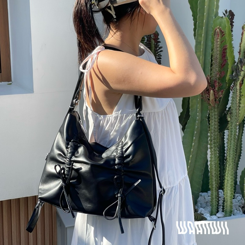 🎀Bowies  Bags🎀 กระเป๋าหนัง PU ใบใหญ่ จุของได้เยอะสะพายได้หลายแบบมีโบว์รูดตกแต่ง