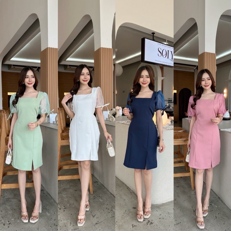 C99-Anna dress ชุดเดรส คอเหลี่ยมทรงสอบสวย เข้ารูปกระโปรงผ่าหน้า แต่งแขนด้วยผ้าแก้วออแกรนดี้แบบเงา