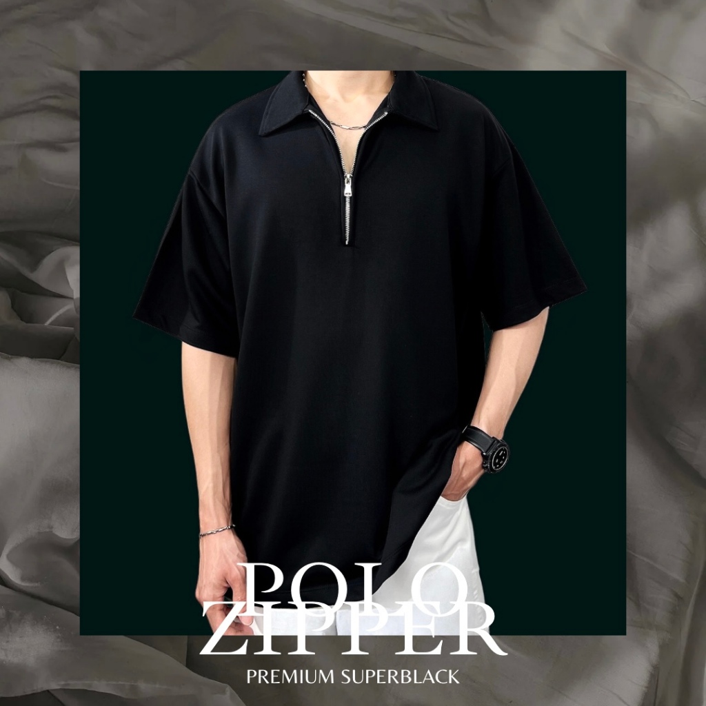 MENIMAL Polo Zipper เสื้อยืด คอปก มีซิป สีดำ โอเวอร์ไซส์ ผ้าคอตตอนเกล็ดปลา ทรง Oversize ผ้าทิ้งตัว นุ่มมาก