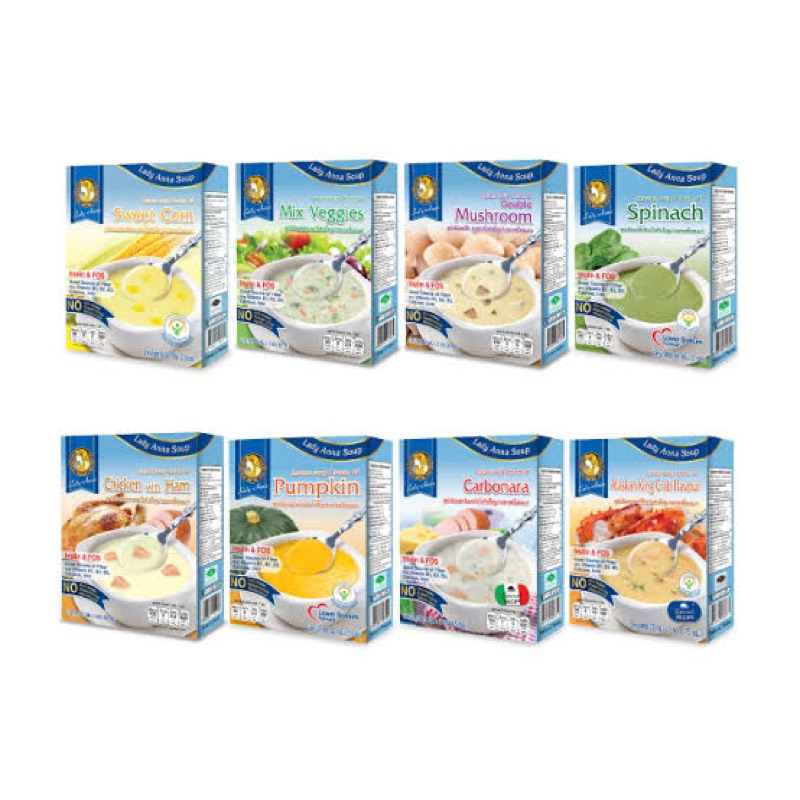 F/T Lady Anna Soup instant soup cream เแอนนาซุปกึ่งสำเร็จรูป กล่อง3ซอง fl ครีมเห็ด/ ข้าวโพด/ซุปผักโขม/ผักรวม/ฟักทอง/คาโบ