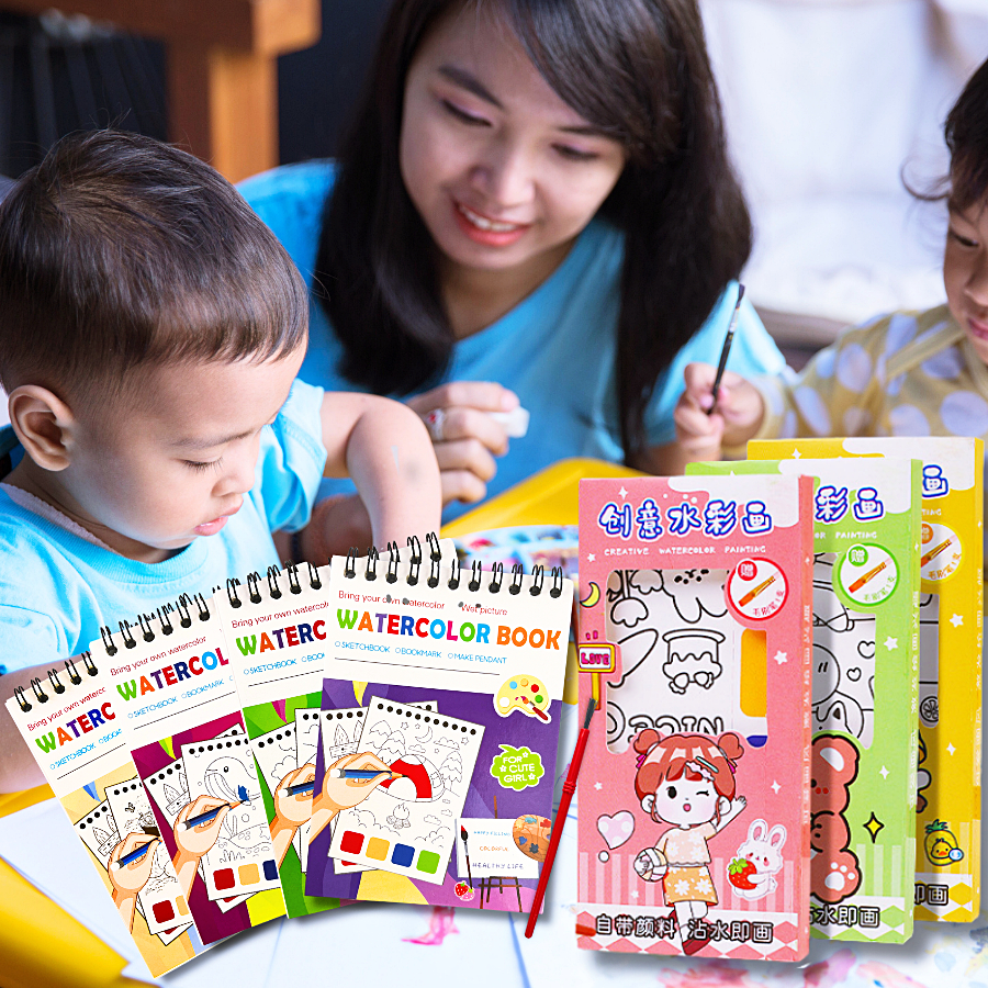 ชุดระบายสีน้ำ แบบแห้ง พร้อมพู่กัน ภาพระบายสีน้ำ DIY ของเล่นเด็ก แพ็ค 5แผ่น/4สี คละแบบ ของเล่นสําหรับเด็ก พร้อมส่งในไทย