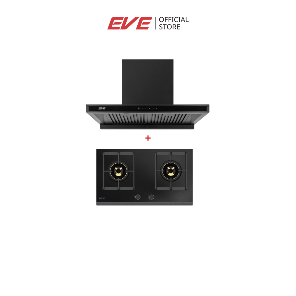 EVE เตาแก๊สแบบฝัง 2 หัวเตาพร้อมเครื่องดูดควันติดผนัง รุ่น HB76-BLACKFOREST/BG + HC-MAXIMUS 90