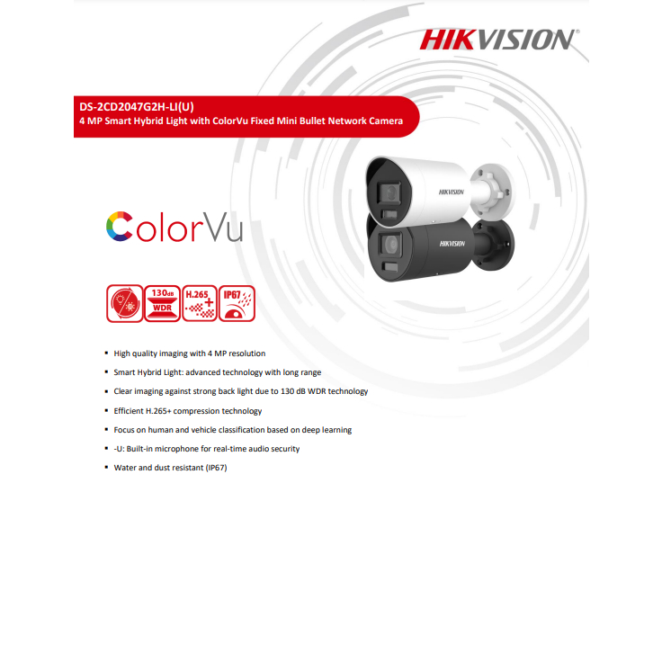 HIKVISION  กล้องวงจรปิด COLORVU 4MP DS-2CD2047G2H-LIU (eF) , DS-2CD2047G2-LU (C)  4mm//2.8mm ( 1 ตัว)