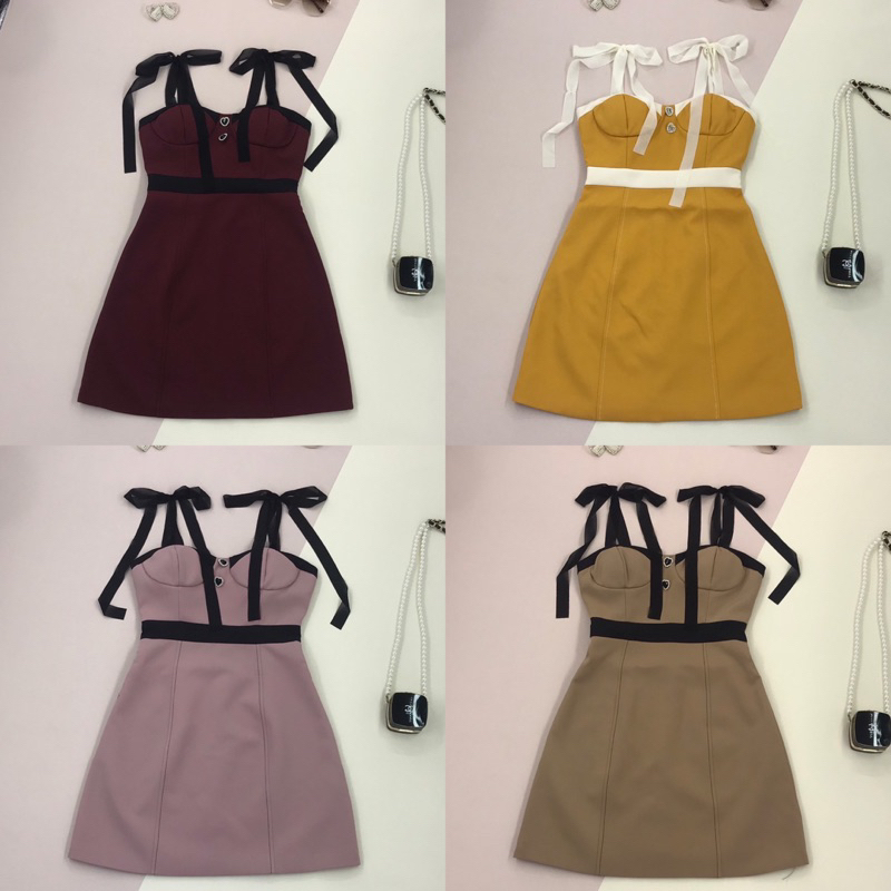 [LISA] A0255 ชุดเดรสกระโปรงสายผูกโบว์แต่งกระดุมหัวใจ