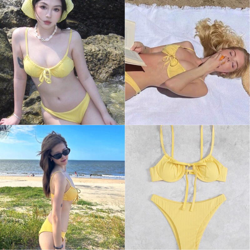 (พร้อมส่งที่ไทย) Corn set ทูพีชสีเหลืองบรามีโครง ชุดว่ายน้ำผู้หญิงสีเหลือง