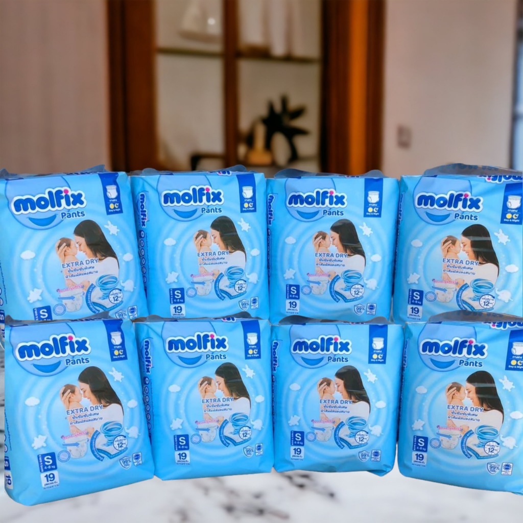 ยกลัง 8ห่อ  Molfix Extra Dry ห่อเล็ก ผ้าอ้อมเเบบกางเกง  สีฟ้า( มีตัวเลือกไซส์ )