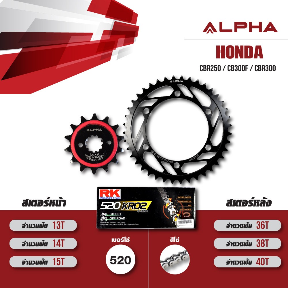 ชุดโซ่สเตอร์ ALPHA เปลี่ยน HONDA CBR250 / CB300F / CBR300R [ เลือกเบอร์ได้ ] โซ่ RK 520 KRO2 สีเหล็ก