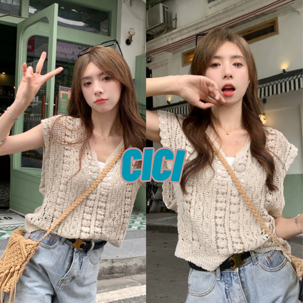 ส่งทันที Cici(NO. 20233)เสื้อแขนกุดถักโครเชต์ คอระบายสุดคิ้วทึ ลายลูกไม้ดูแพงมากคุณน้า