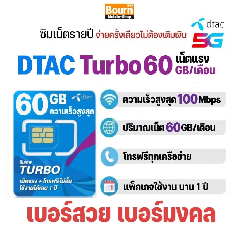 ซิมเทพ Dtac Turbo เน็ต Max​ speed 60GB/เดือน +โทรฟรีทุกเครือข่าย​ นาน​ 1​ ปี #ซิมคงกระพัน​ #เบอร์สวย​ เบอร์มงคล