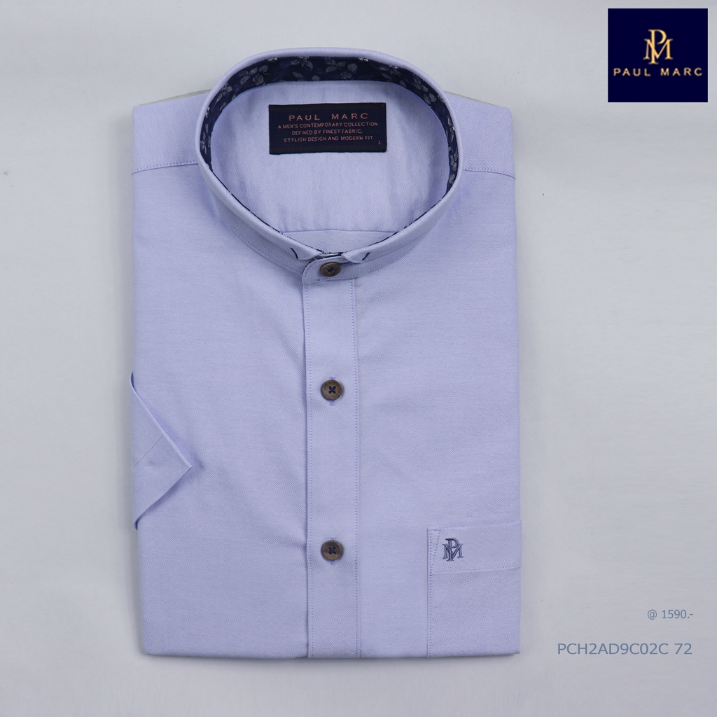 PAUL MARC เสื้อเชิ้ตสีฟ้าแขนสั้นคอจีน ผ้าoxford Signature Collar Band รีดง่ายใส่สบาย PCH2AD9C02C