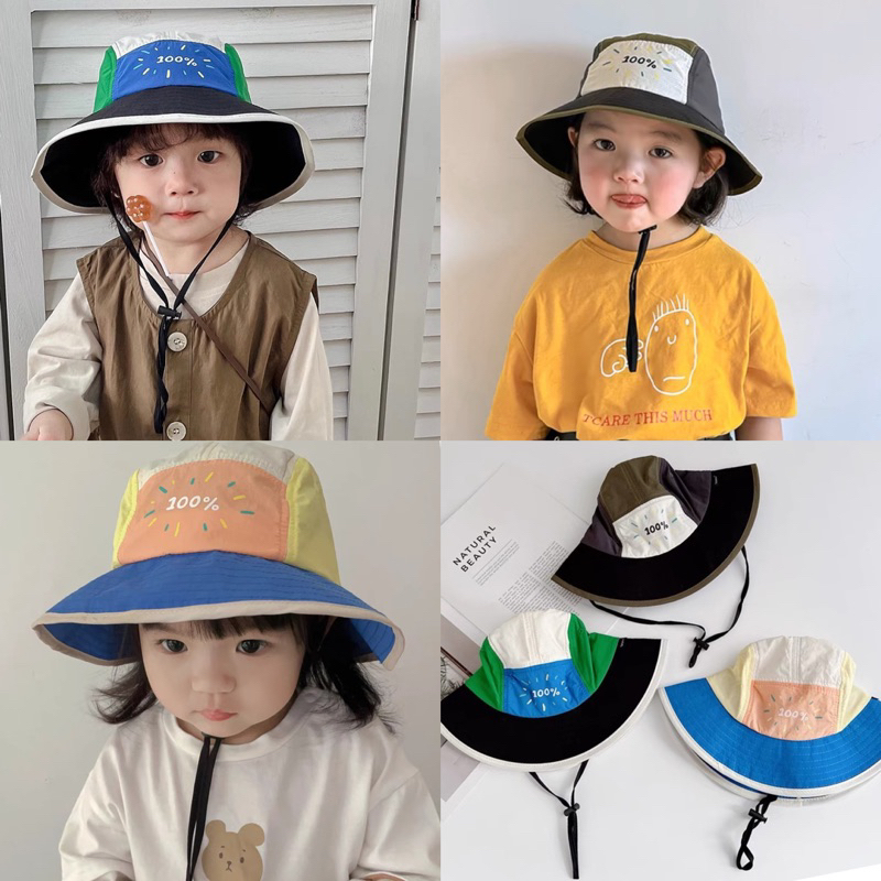 พร้อมส่ง หมวกเด็กปีกกว้างผ้าร่ม 100% สีสดใส summer น่ารัก ผ้าดีมีซับใน