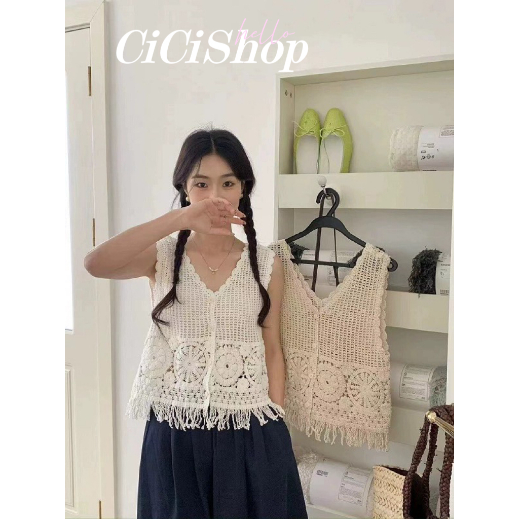 Cicishop(86073)เสื้อแขนกุดผ้าถักคอวี  สีพื้น แต่งระบาย สไตล์โบฮีเมี่ยน