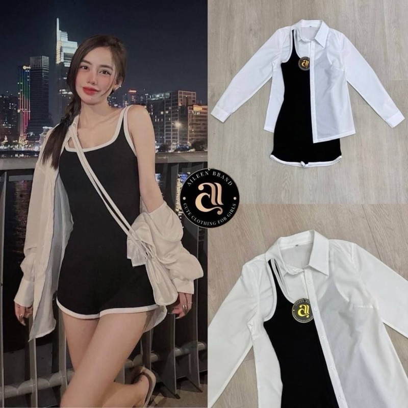 (พร้อมส่ง) Aileen3 Set 2 ชิ้น สูทแขนกุดขาสั้นเนื้อผ้าร่องนิ่มสีดำไม่เสริมฟองน้ำ ไม่มีซิปเสื้อเชิ๊ตคอ