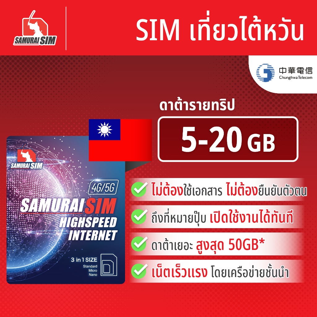 Samurai SIM ซิมไต้หวัน ซิมเน็ต ดาต้ารายทริป 5-20GB 10 วัน