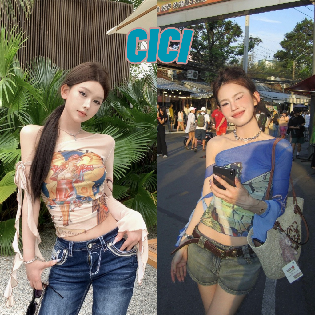 ส่งทันที Cici(NO. Y6123)เสื้อแขนยาวปาดไหล่ผ้าซีทรู พิมพ์ลาย ดีเทลย่นข้าง สไตล์ Y2K