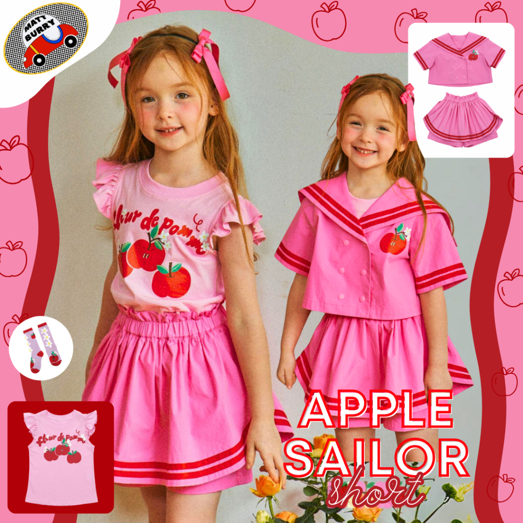 BeBe (mattburry ของแท้ พร้อมส่ง นำเข้าเกาหลี)Apple sailor Set เซ็ตเสื้อกางเกงขาสั้นถุงเท้าสีชมพู ลายสายแอปเปิ้ล ที่คาดผม