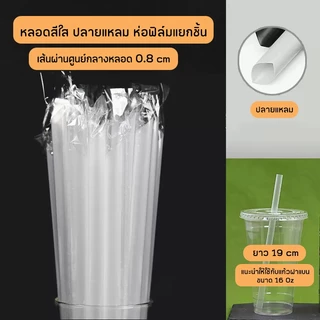 [ไม่ใช่หลอดไข่มุก] หลอดดูดน้ำตรงปลายแหลมสีใส ห่อฟิล์มใสแยกชิ้น ขนาด 0.8 cm