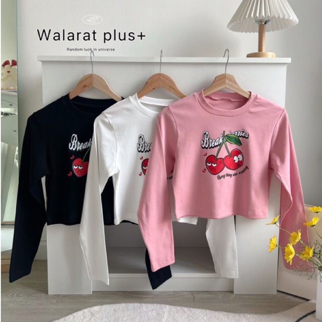 เสื้อยืดครอปแขนยาว สกรีนลายเชอรี่สุดน่ารัก สาวอวบไซส์ใหญ่ (มีไซส์อก34-50)