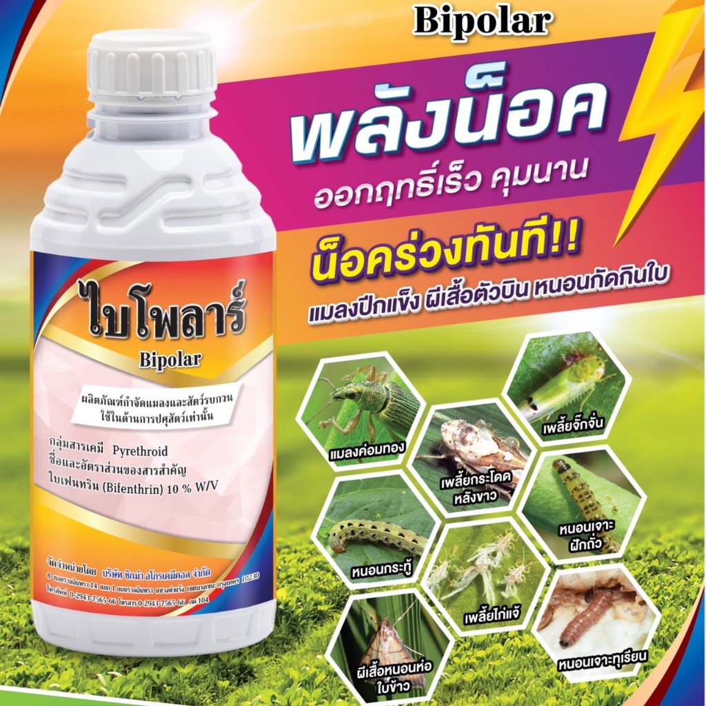 ไบเฟนทริน10% สูตรน็อคเย็น ไบโพล่าร์ (ร่วงทันใจ) กำจัดแมลง กำจัดยุง มด แมลงสาบ ปลวก เพลี้ย แมลงบิน แมลงคลาน หนอน