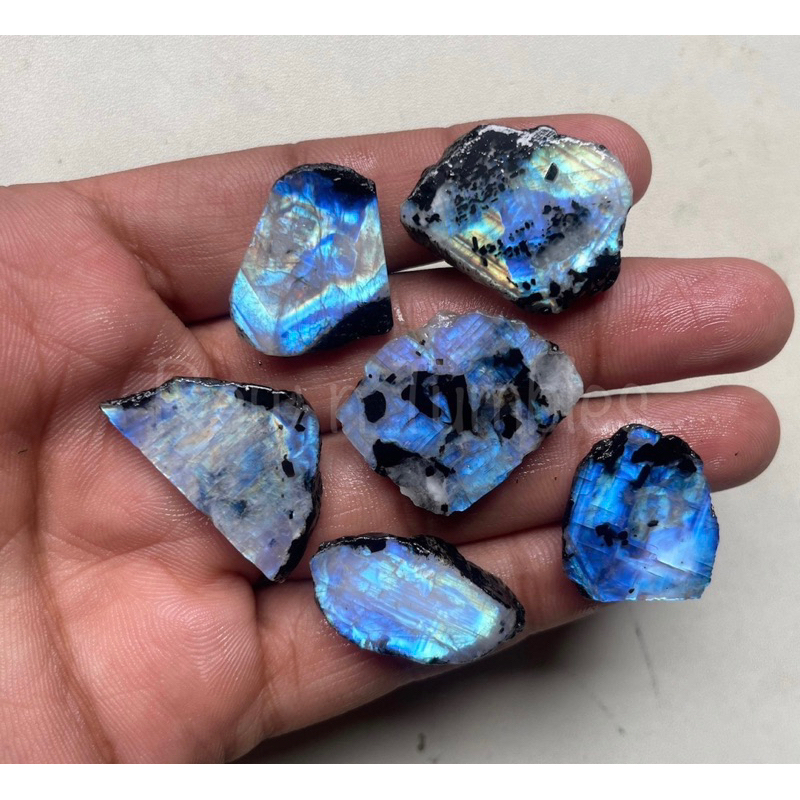 1 PC Natural Rainbow Moonstone With Black Tourmaline Slice Raw gemstone, 25MM - 40MM slice Unpolished, Jewelry Making