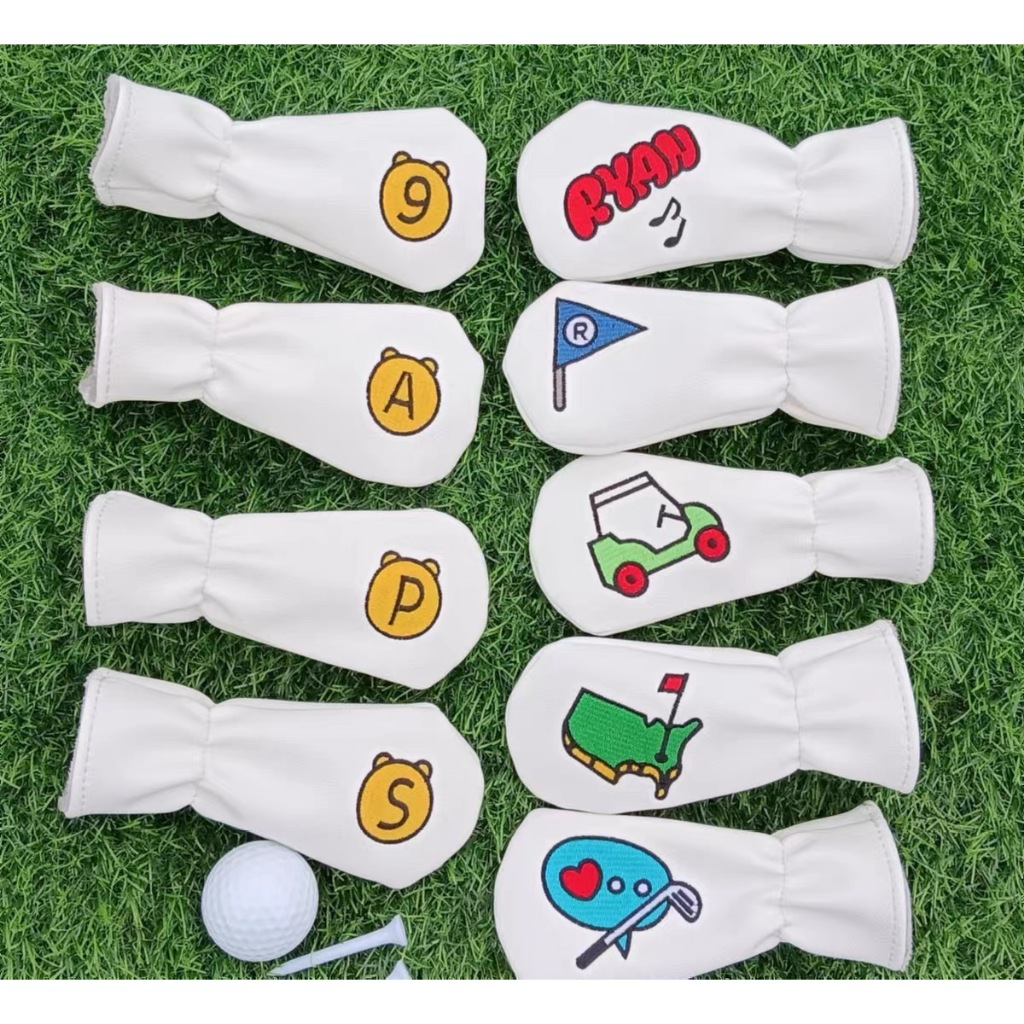 ปลอกหุ้มหัวไม้กอล์ฟ 1 ชุด มี 9 ชิ้น 4/5/6/7/8/9/P/A/S Cover Iron set ลายการ์ตูน Golf Ryan สีขาว รหัสสินค้าTGT004