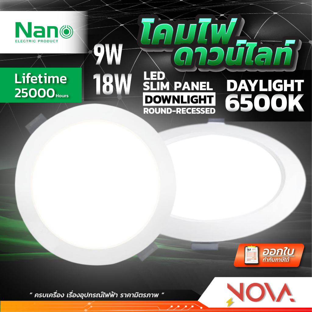 โคมไฟดาวน์ไลท์ ฝังฝ้า Panel LED 4 นิ้ว / 6 นิ้ว ความสว่าง 9W / 15W รับประกัน 25,0000 NANO LED
