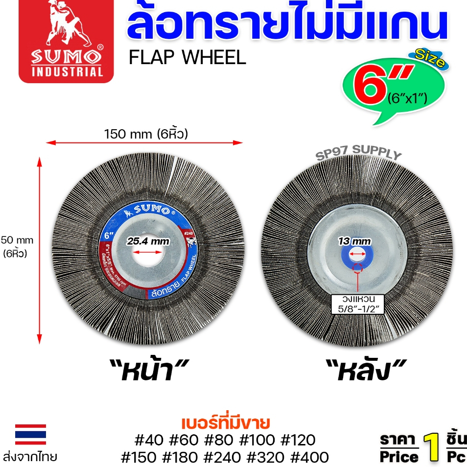 SUMO ล้อทราย ไม่มีแกน ล้อทรายตั้ง ลูกขัด ล้อทราย ขนาด 6"x1" (No.40-60-80-100-120-150-180-240-320-400) ราคา 1ลูก